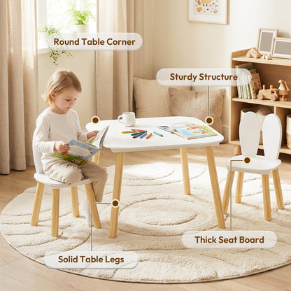 BRITEMART Kids Table and 2 Chairs, Wooden Stable Table and Chair Set (Rabbit), Ideal for Arts & Crafts, Snack Time, Homeschooling, Homework & More