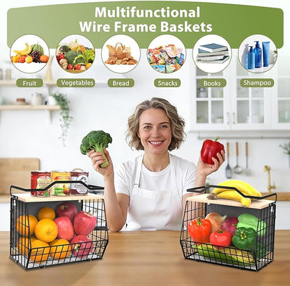 Magnetic Shelf for Fridge with Wood Lid, 2 Tier Fruit Baskets Wall Mounted