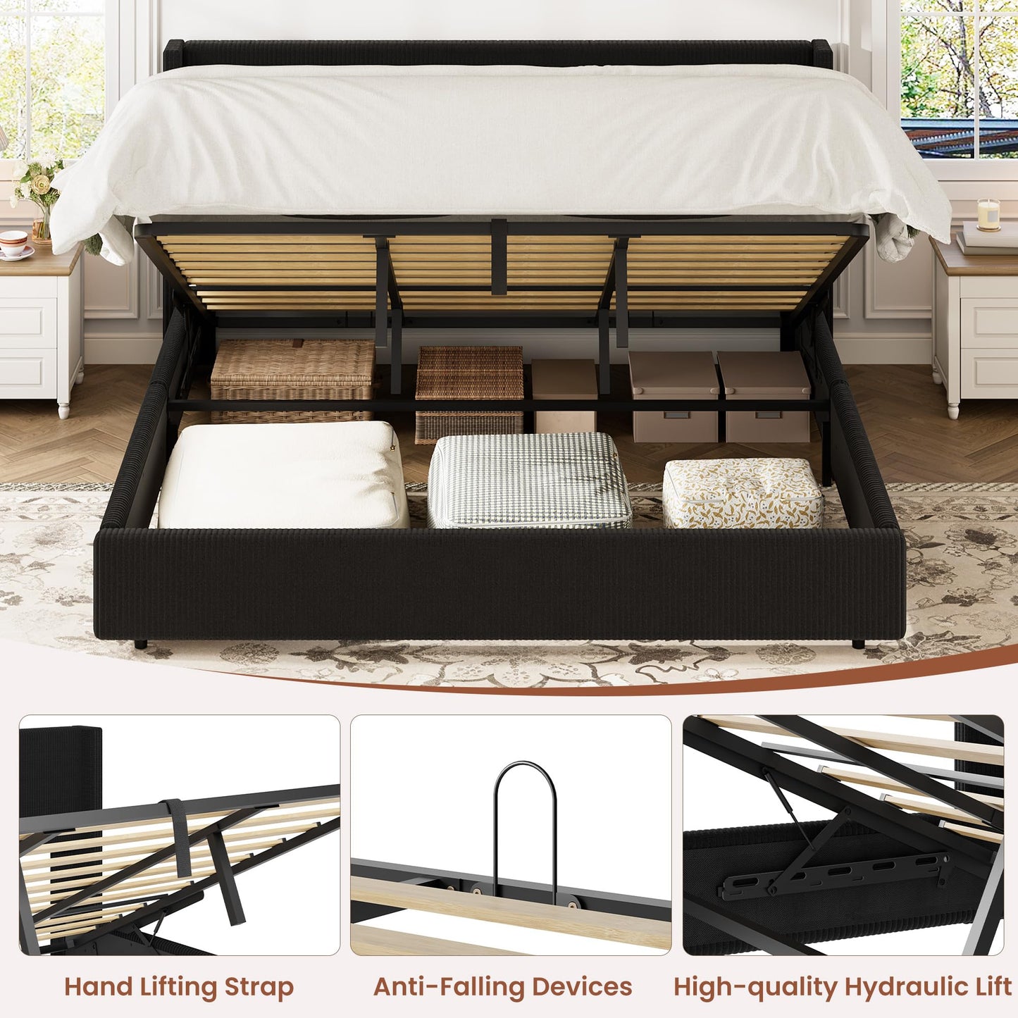 GarveeHome King Size Lift Up Storage Bed Frame, Corduroy Upholstered Platform Bed with Gas Lift, Padded Headboard, Wooden Slat Support, No Box Spring Needed, Black