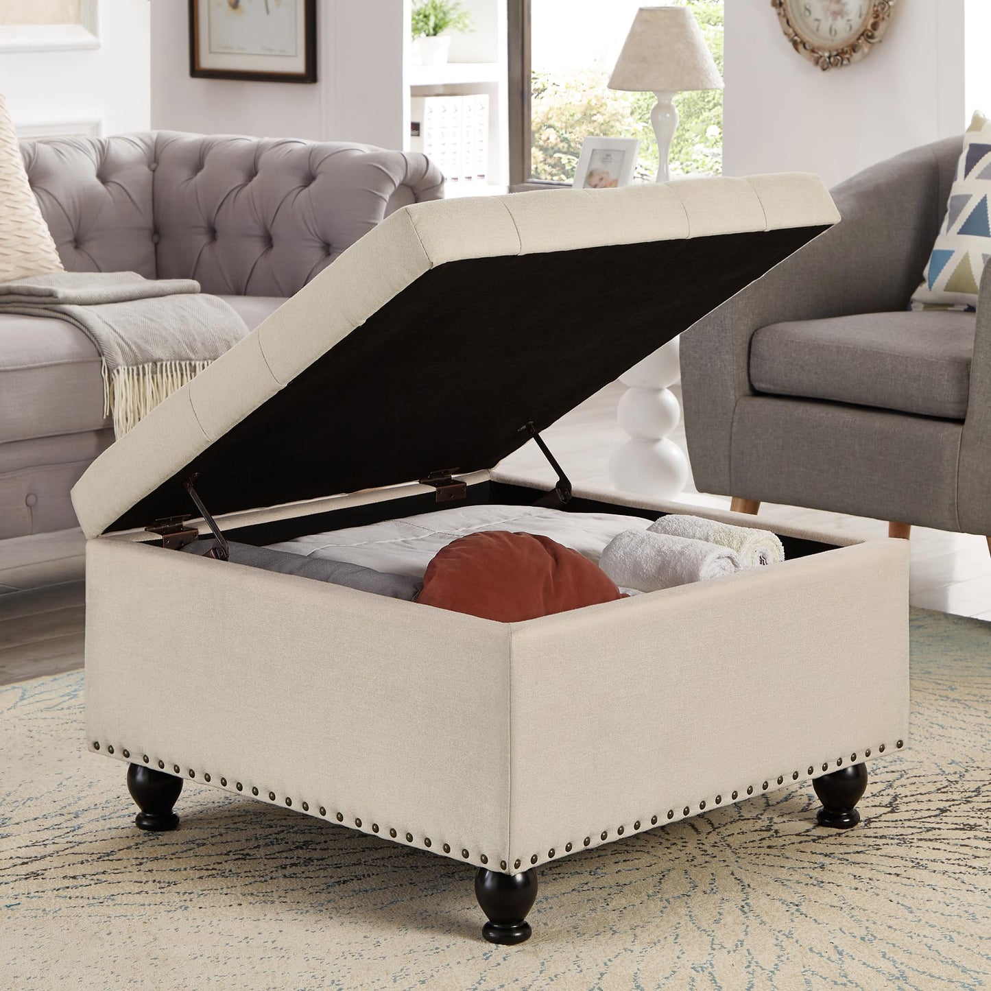ACQCA Large Square Storage Ottoman with Wooden Legs, Upholstered Button Tufted Coffee Table with Nail Trims for for Living Space,Beige