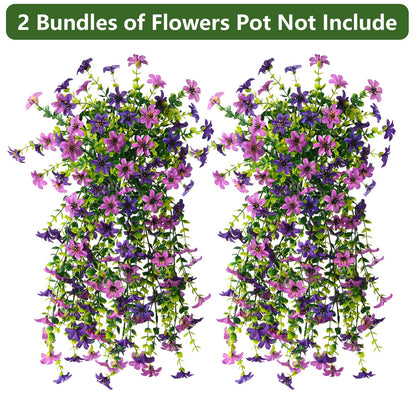 Homsunny Artificial Fake Hanging Flowers Plants for Outdoor Spring Summer Decoration, 2 PCS Faux Silk Flower Outside Planter UV Resistant Look Real for Front Patio Porch Home Decor (Double Purple)