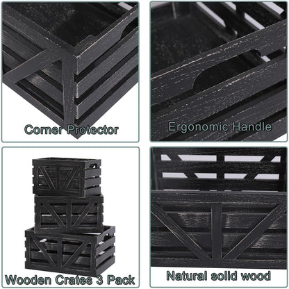 HTAYUXWO Storage Crates Nesting Wooden Boxes 3 Pack,Wood Storage Crates with Handles,Rustic Farmhouse Crates,Wooden Storage Container for Display