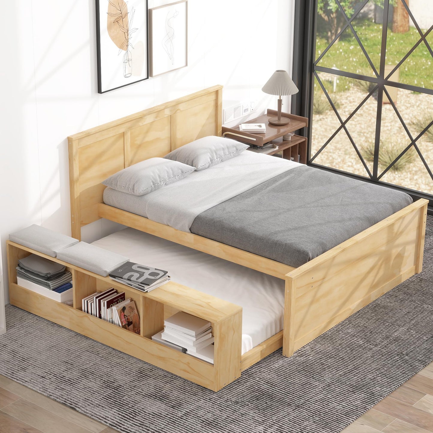 Merax Classic Wooden Platform Bed with Trundle Bed and Storage Cabinet, Full Storage Bed Frame with Headboard for Bedroom, Guest Room,No Box Spring Needed,Easy Assemble, Natural