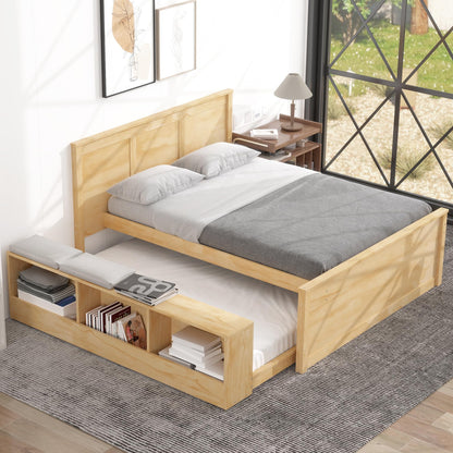 Merax Classic Wooden Platform Bed with Trundle Bed and Storage Cabinet, Full Storage Bed Frame with Headboard for Bedroom, Guest Room,No Box Spring Needed,Easy Assemble, Natural