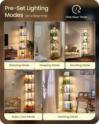GOEBLESON Display Shelf with Light, 5-Tier Modern Shelf Lamp, Corner Floor Lamp with Shelves, Dimmable LED Floor Lamp for Living Room with Remote, 3CCT, Timer, Wooden Corner Shelf Lamp, F52LD05