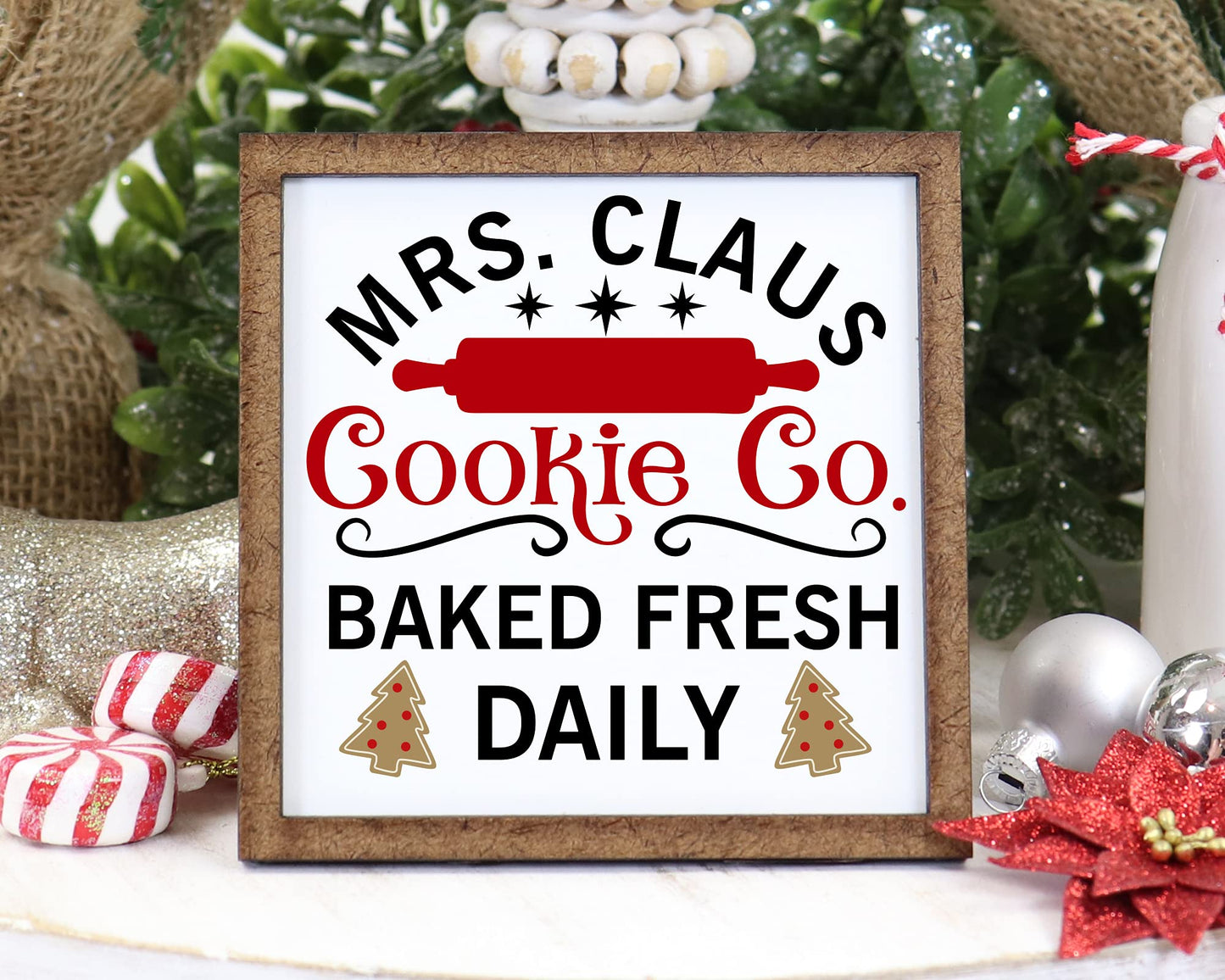 Mrs. Claus Cookie Company Sign - Tier Tray Sign - Mini Wooden Sign - Christmas Sign - Wood Sign - Shelf Sitter - Home Decor (4" x 4")