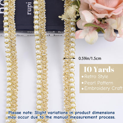 URROMA White Gold Pearl Trim - 10 Yards Beaded Lace Trimming Embroidery Embellishment Ribbon for Sewing Fabric, Garment Accessories, Dress Bag Decoration, Crafts DIY
