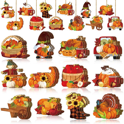Huwena 36 Pcs Thanksgiving Tree Ornaments Fall Tree Decorations Pumpkin Scarecrow Turkey Gnome Wood Cutouts with Ropes Fall Wooden Ornaments for Autumn Harvest Party Decor
