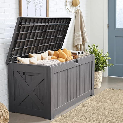 JUMMICO 120 Gallon Resin Deck Box, Large Outdoor Storage Box Waterproof & Lockable for Garden, Patio, Pools (Gray)