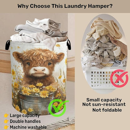 Cute Highland Cow Flower Foldable Canvas Laundry Basket