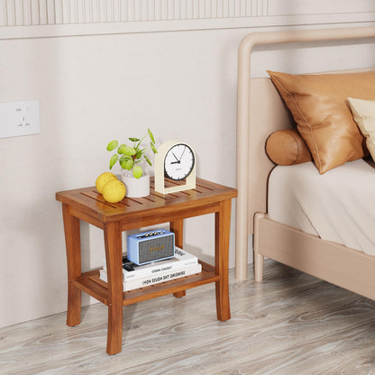 Teak Wood Shower Bench Stool with Storage Shelf, Wooden Waterproof Bathroom Spa Bathing Teak Shower Stool with Non-Slip Feet Gadget 2024 for Indoor or Outdoor Shower Chair Seat Organizer