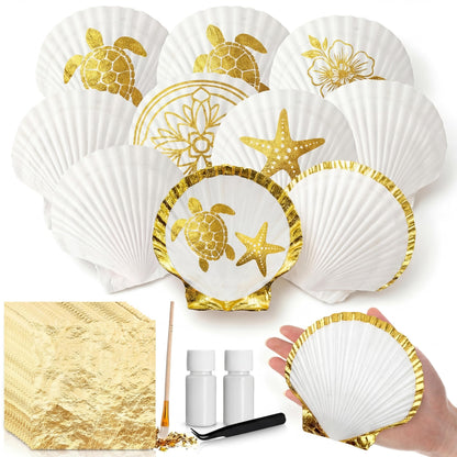 BreezeHug 10 Pcs Large Scallop Shells for Crafts 4-5 Inch White Seashells Bulk for Gold Leaf Crafts DIY Painting Baking Ocean Themed Party Supplies & Decorations with Adhesive Brush Tweezers