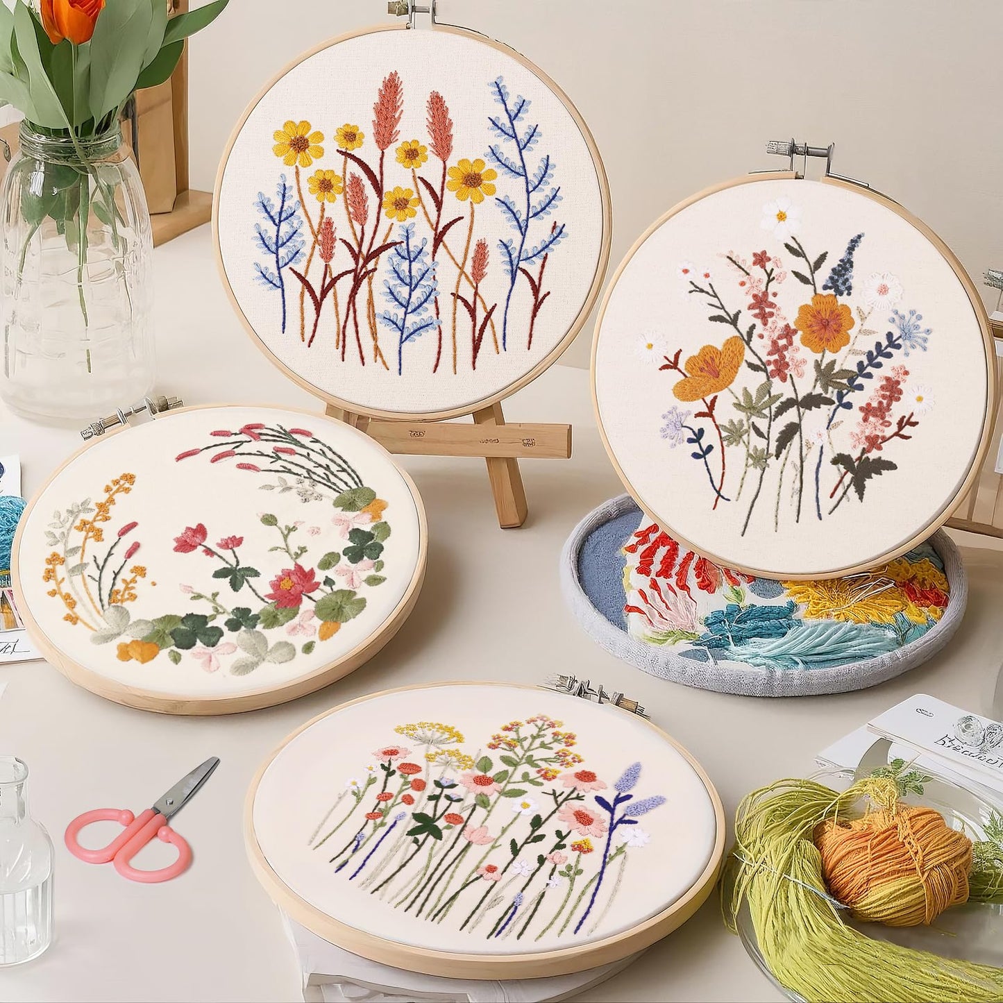 CYANFOUR 5 Pack Beginner Embroidery Kit for Adults, Easy to Learn Floral Embroidery Patterns from Video & Instruction, Needlepoint Kits for Adults Include Embroidery Hoop, Colorful Threads, Tools