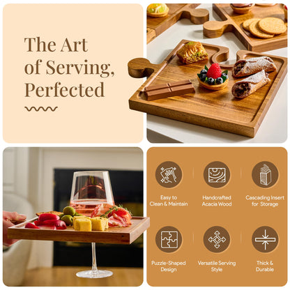 Homesphere Wooden Charcuterie Boards, Appetizer Tray for Parties & Cutting Board with Handle, Set of 4, Acacia Wood Board, Wine Gifts, Wine Accessories, Interlocking Puzzle Serving Tray w/Storage Box