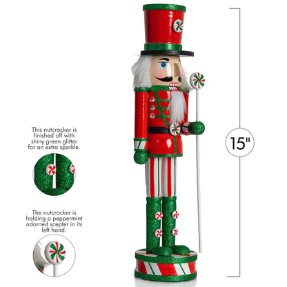 Ornativity Wooden Peppermint Christmas Nutcracker - Red, White and Green Glitter Candy Themed Xmas Holiday Nut Cracker Doll Figure Toy Soldier Decorations 15"