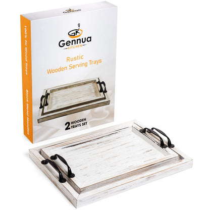 Gennua Kitchen Rustic Serving Tray Set with Handles, 2 Nesting Wooden Trays for Coffee Table, Ottoman, Serving Food, Farmhouse Decor, Distressed White Finish