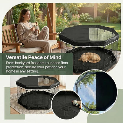 PJYuCien Dog Playpen with Top Cover and Bottom Pad - Metal Foldable Exercise Pen, 8 Panels 30" H x 24" W Indoor Outdoor Pet Fence Puppy Crate Kennel, Black