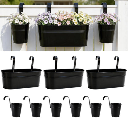 LaLaGreen 17 Inch Rail Planter (9-PIECE COMBO SET) Large Black Metal Hanging Rail Fence Flower Pots, Modern Balcony Railing Planter Garden Style Iron Patio Planters Outdoor Deck Decoration Porch Decor