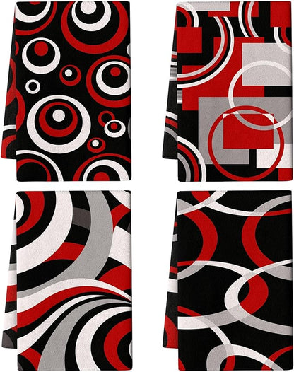 Red Black Grey White Kitchen Dish Towels Set of 4, Soft Absorbent Modern