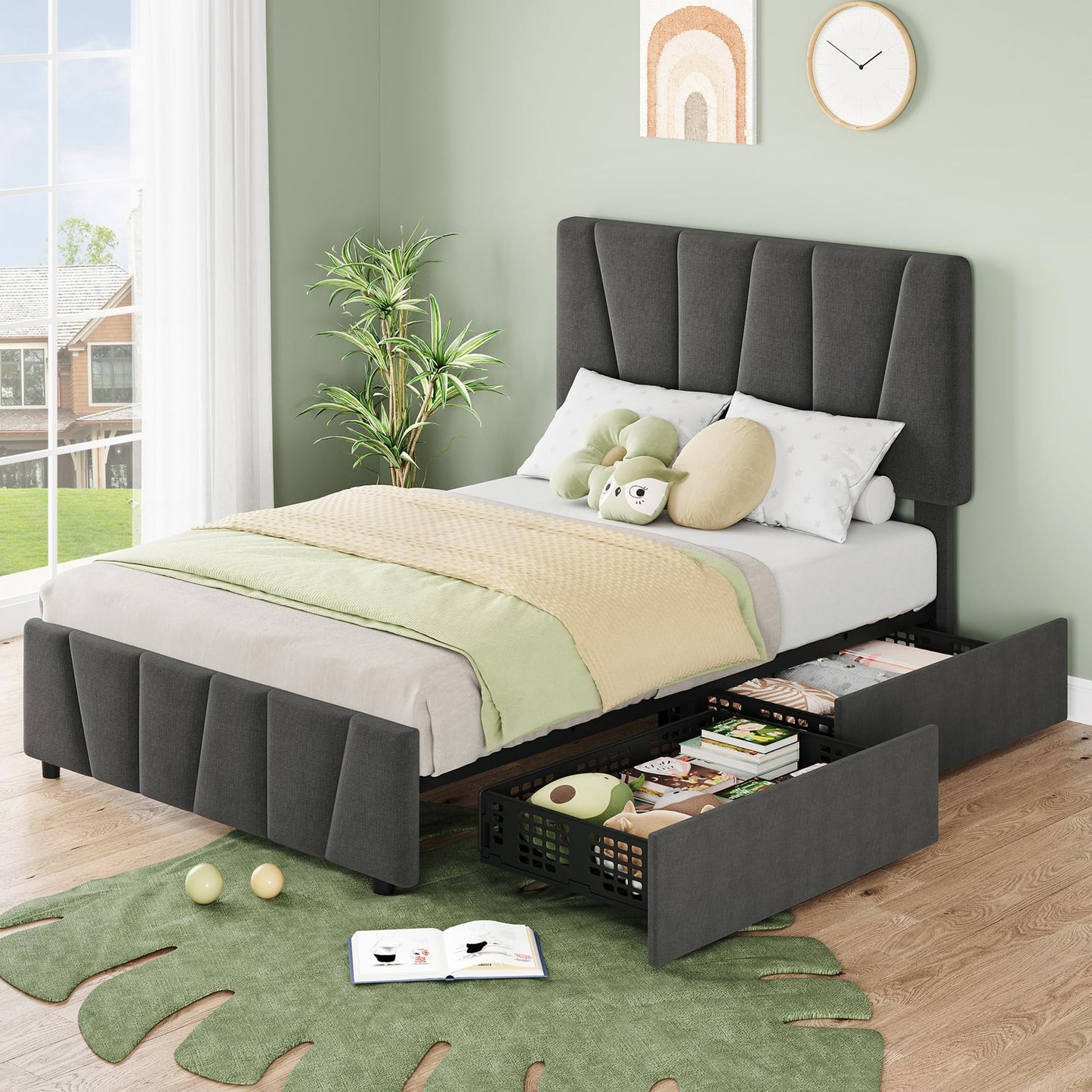 Garvee Bed Frame with Adjustable Headboard & Storage Drawers with Wheels, Upholstered Platform Bed, Wooden Slat Support, No Box Spring Needed, Noise-Free