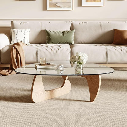 Modern Coffee Table for Living Room and Small Spaces, 35.6" x 25.4" x 15.8" Triangle Tempered Glass Table Top and Solid Wood Base, Natural Wood