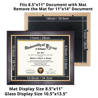 GMFrames 8.5x11 Wood Diploma Frame with Black Mat or Display 11x14 Certificates without Mat,Tempered Glass,Deep Brown Finish with Gold Trim
