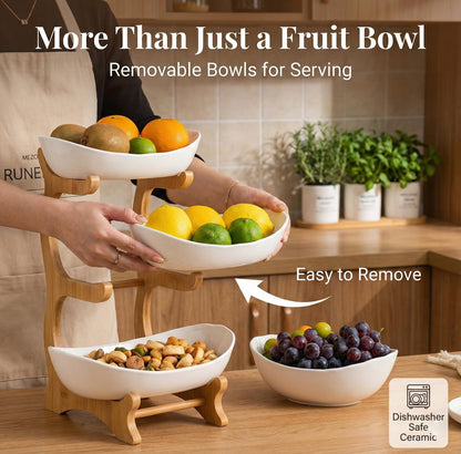 TOSCARA Bamboo Fruit Stand - 3 Tier Ceramic Fruit Bowls with Wooden Stand – Fruit Holder for Kitchen, Dining Table & Living Room – Decorative Countertop Organizer for Fruits, Vegetables & Snacks