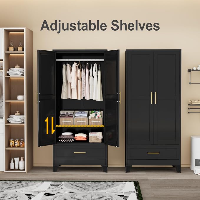 winiowa Metal Armoire Wardrobe Closet with Drawer, 71" Wardrobe Cabinet with Adjustable Shelves and Hanging Rod, Clothing Storage Cabinet Closet for Bedroom-Black