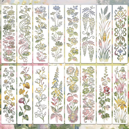 Flower Stencils for Crafts Reusable DIY Furniture Decor Art Painting Stencil 16Pcs Kit for Wood Embroidery Wall Silk Screen Journaling(11.8X2.9 Inch)