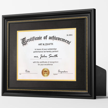 Yaetm 11x14 Diploma Frame, Certificate Frame with Tempered Glass, Display 8.5x11 Document with Black Over Gold Acid-free Mat, Degree Frames for Wall and Tabletop, Black with Gold Beads, 1 Pack
