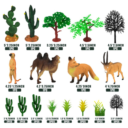 MOMOONNON 34pcs Desert Animal Figures Mixed Diorama Model Plants Artificial Animals with Camel Fox Meerkatz Gazelle for Crafts Building Model Desert Scenery Landscape Supplies