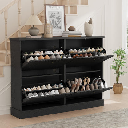 IDEALHOUSE Fluted Shoe Cabinet Storage with 4 Flip Drawers, Wooden Fluted Narrow Shoe Organizer with Adjustable and Removable Shelves, Freestanding Slim Shoe Storage for Entryway Hallway, Black