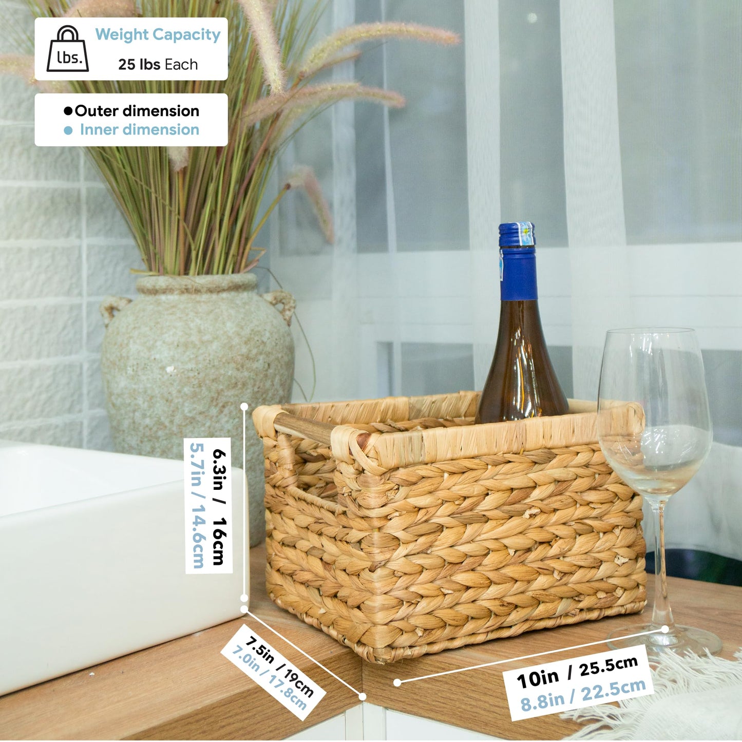 Small Wicker Baskets for Organizing Bathroom, Hyacinth Baskets for Storage, Wicker Storage Basket with Wooden Handle, Decorative Small Basket 10 x 7.5 x 6.3 inches - 3 Pack