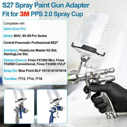 Dinlon Spray Paint Gun Adapter#S27, 26119 Spray Gun Adapter Fit for 3M PPS 2.0 Spray Cup System, 16 mm Male 1.5 mm Thread Adapters Compatible with Graco Snap-On TranStar DeVilbiss Binks Matco Spray