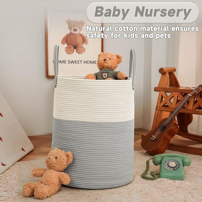 Large Woven Laundry Basket Hamper, 60L Cotton Rope Storage Bin