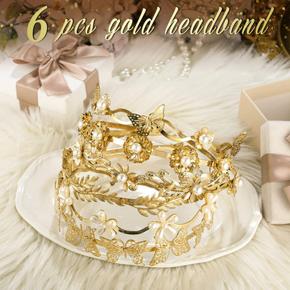 XunYee 6 Pcs Gold Leaf Headbands Set Pearl Headbands for Women Greek Goddess Accessories Flower Faux Pearls Hairband Gold Metal Prom Headpiece Crown Bridal Hairband for Women Girl (Stylish Pattern)