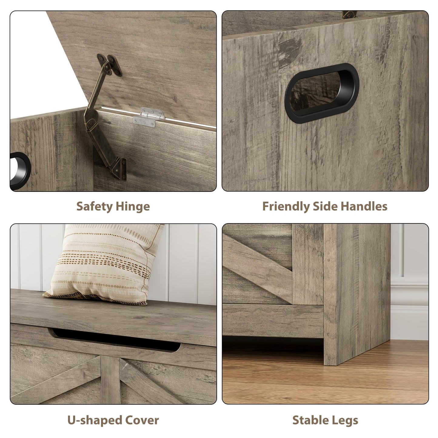 IDEALHOUSE 47.3" Storage Chest, Toy Chest for Kids, Wooden Large Toy Box, Storage Bench with Safety Hinge, Farmhouse Storage Trunk for Entryway, Living Room, Bedroom, Playroom,Washed Grey