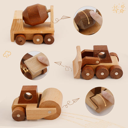 MONT PLEASANT Wooden Construction Vehicle Toy Set of 3, Toddler Montessori Toys Cement Truck Bulldozer Steam Roller Toy Car with Rolling Wheels, Kid Construction Toys Educational Gift for Boys & Girls