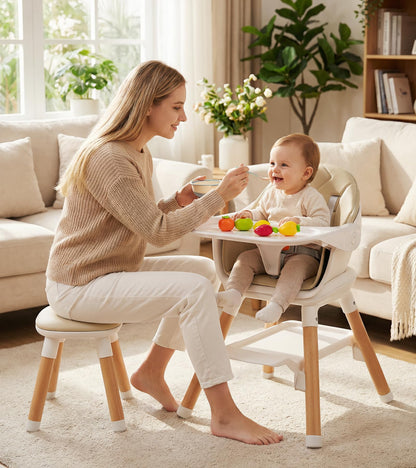 6 in 1 Baby High Chair, Convertible Wooden High Chairs/Booster Seat for Babies and Toddlers, Baby Feeding Chair with 5-Point Harness/Double Removable Tray & Adjustable Footrest (Beige)