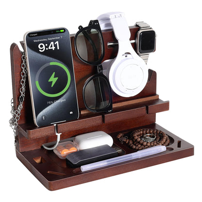 Oraich Wooden Phone Docking Station for Men, Nightstand & Desktop Organizer, Charging Stand for Phone, Watch, Wallet, ipad, Keys & Essentials