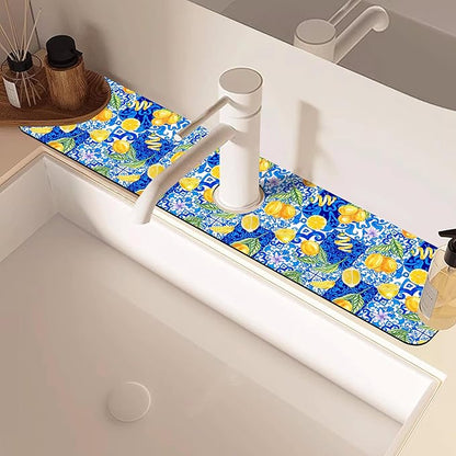 Blue Tiles and Yellow Lemon Sink Faucet Absorbing Mat Sink Splash Guard Faucet