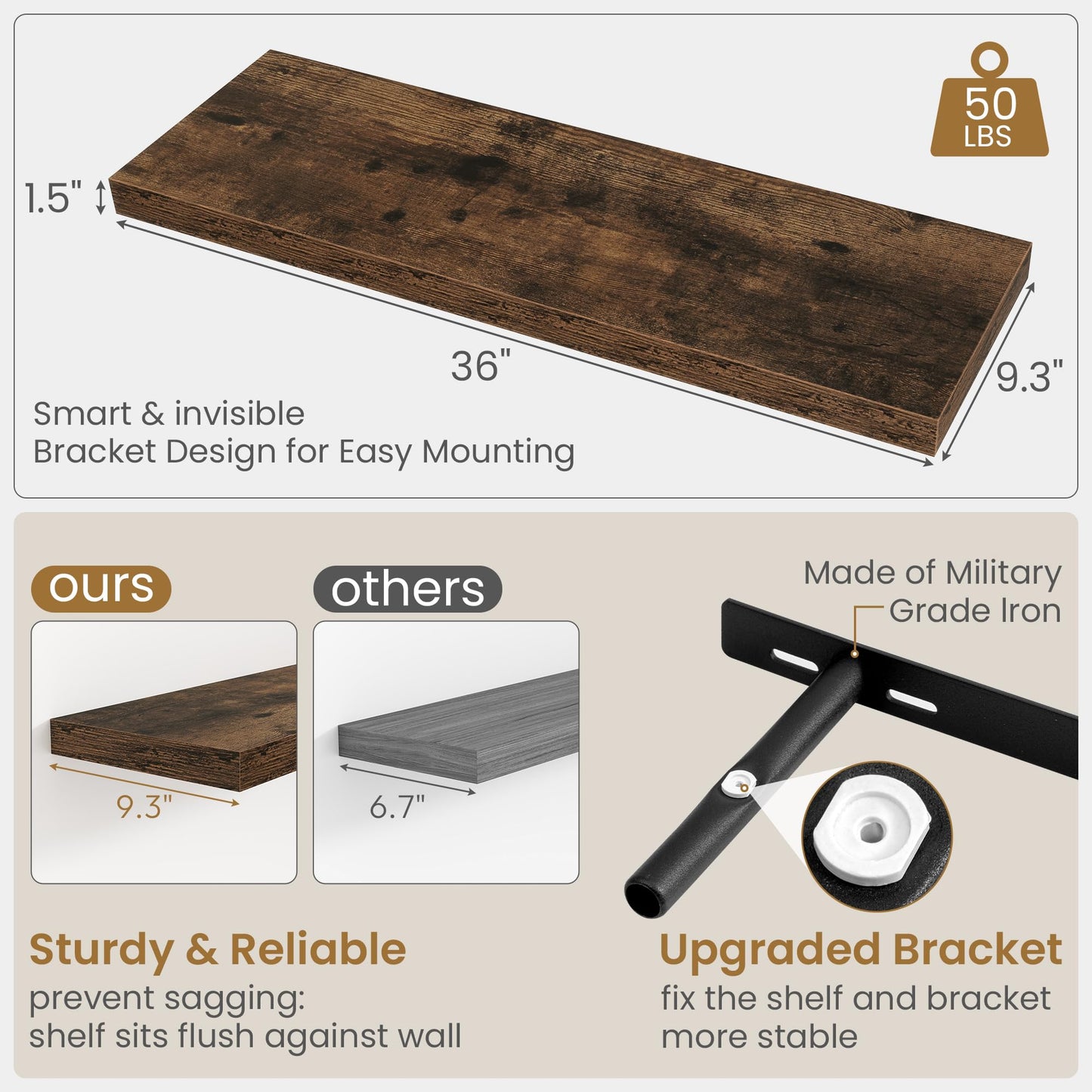 Fun Memories 36 Inch Long Floating Shelves for Wall, 9.3 Inch Deep Floating Shelf, 2 Packs Long Shelves for Bathroom, Living Room, Bedroom, Wall Mounted Storage Shelf for Books Decor, Rustic Brown