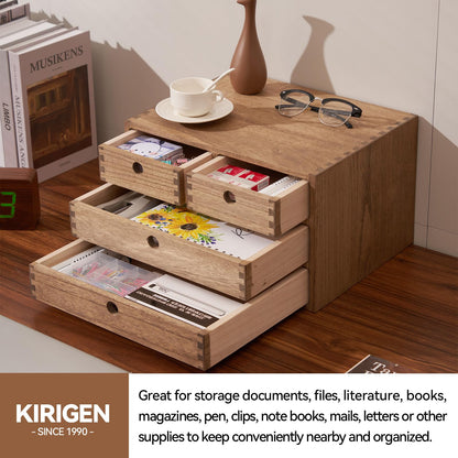 KIRIGEN Wood Desktop Storage Cabinet with 4 Drawers, 3-Tier Desk Organizer for Letter-Size Paper, Mail, Home Office Supplies, Makeup, Crafts, Desk or Countertop, Fully Assembled, Brown WJG34-DBR