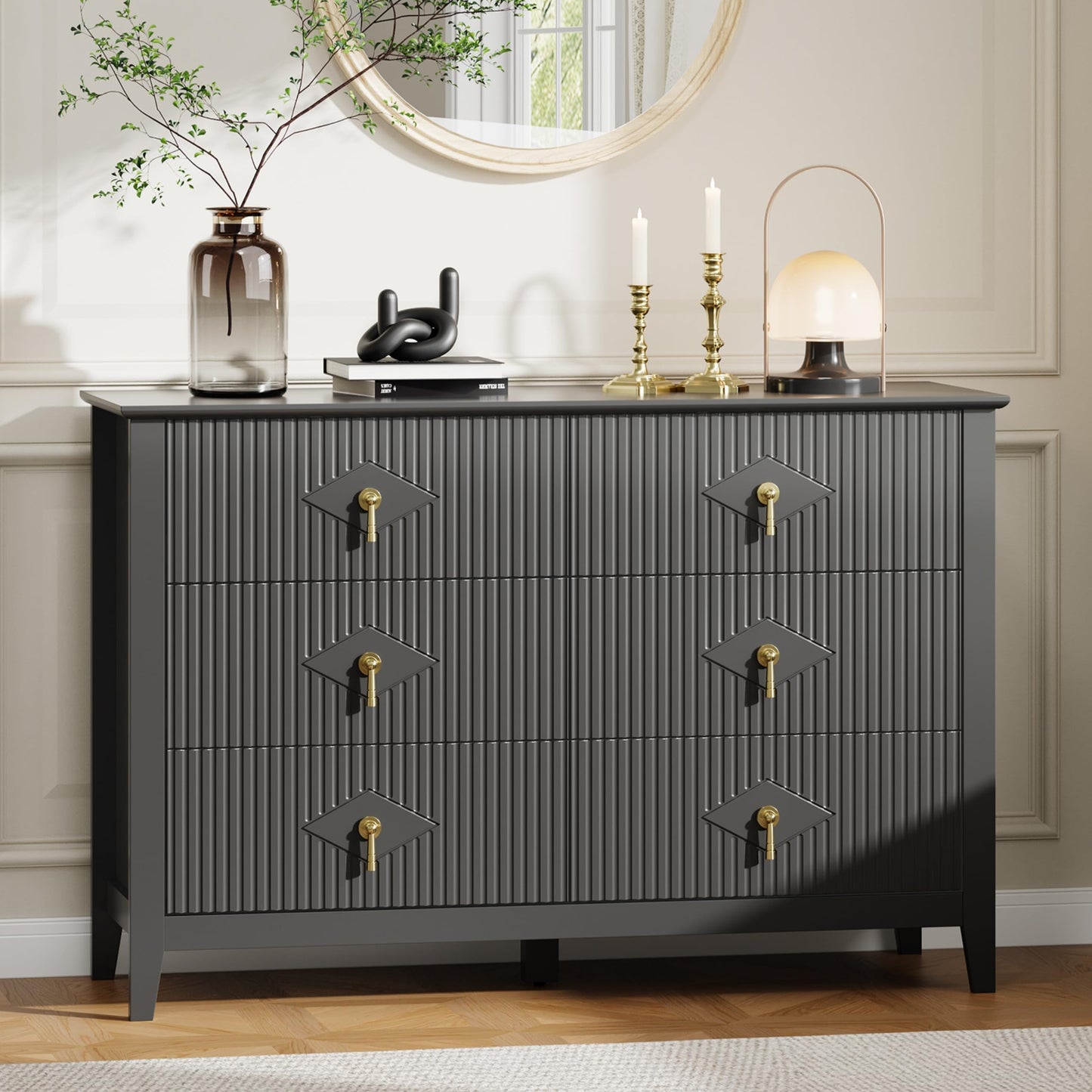 GarveeHome Fluted Dresser for Bedroom, 47.2 Inch Wide 6-Drawer Wood Dresser, Modern Chest of Drawers, Storage Organizer Cabinet for Living Room, Hallway, Entryway, Black