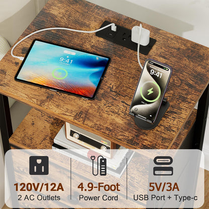 LOAKEKEL Night Stand, Nightstand with Charging Station, Slim Industrial Bedside Table with 2 Fabric Drawers, Small End Table with USB & Type-C Ports for Bedroom, Brown, HETS020BR-1
