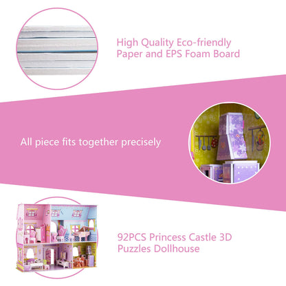 WISESTAR Large Princess Castle 3D Puzzles Model Dollhouse Kits for Girls, 92PCS Fairytale House with Furniture, Educational Toy Birthday for Kids and Adults Fit for Kids Over 8 Years
