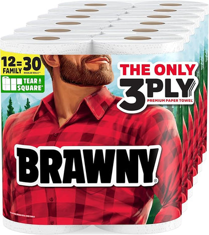 Brawny Tear-A-Square 3-Ply Paper Towels, 12 XL Family Rolls = 30 Regular Rolls