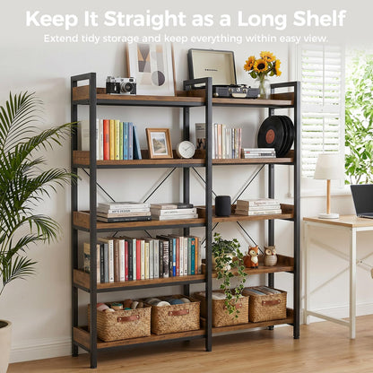 GTPLAYER 5-Tier Corner Bookshelf, L-Shaped Metal Frame Shelf with Tall 14" Shelves, Plant Stand and Storage Rack for Small Spaces, Living Room and Home Office, Brown