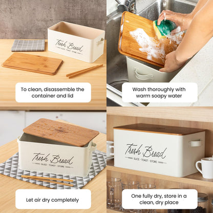 Talented Kitchen Countertop Bread Box - White Metal, Airtight Storage Container with Wood Cutting Board Lid & Side Handles - Wood Tongs Included - Bread Storage Container for Kitchen Organization