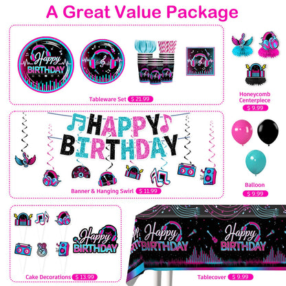 wellspar 208pcs Karaoke Party Decorations Complete Tableware Set, for 25 Guests, Karaoke Birthday Party Decorations, Disposable Plates, Pre-strung Banner, Tablecloths for Music Birthday Decor